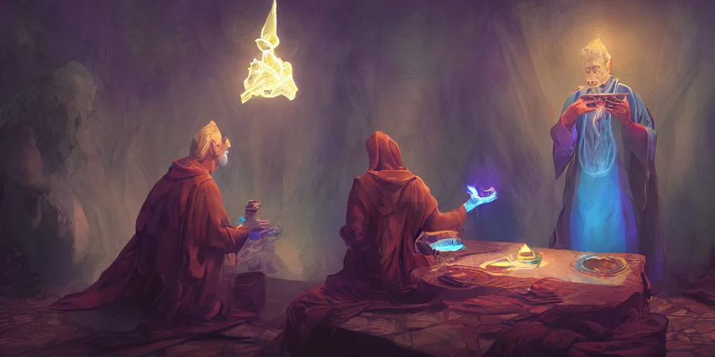 Prompt: wizard performing a tarot reading, cards, fantasy, digital art, soft lighting, concept art, 8 k