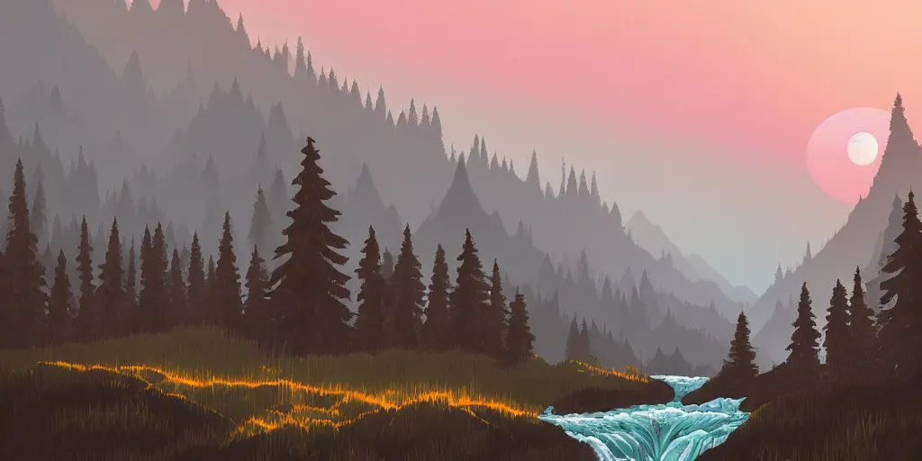 Image similar to a minimalist picture of a beautiful landscape, trees, stream, sunset, mountains, art by petros afshar