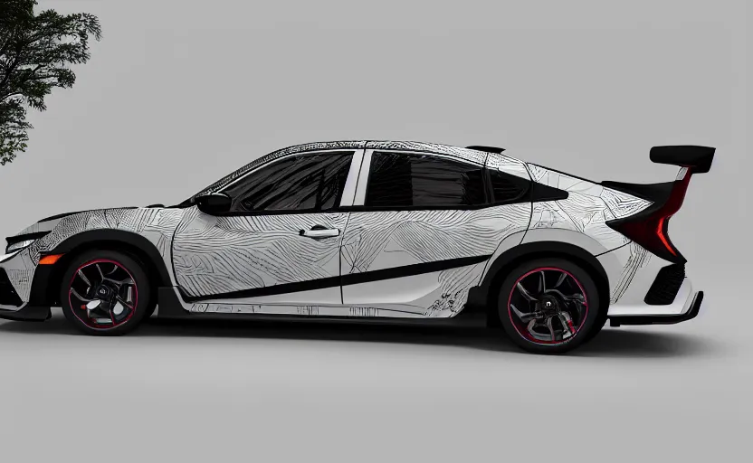 Prompt: honda civic, japanese religious temple, summer festival night, futuristic prototype car, without black rims, designed by polestar, elegant, intricate details, matte white paint, hard surfaces modelling, dramatic, ray tracing, realistic enviroment reflections, ultra realistic rendering, sharp focus