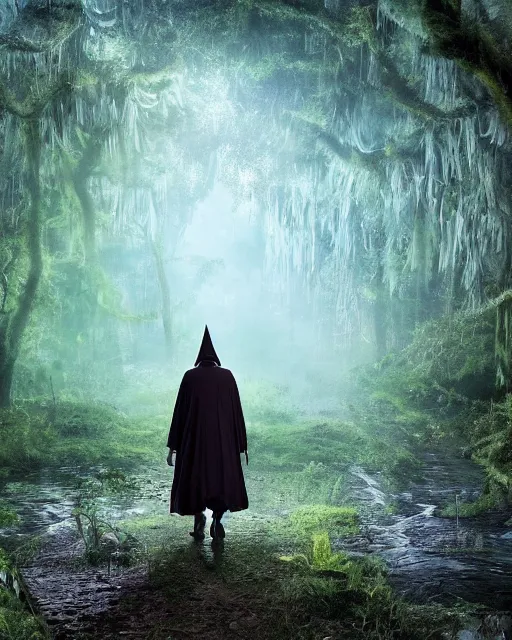 Image similar to a wise wizard walking towards an ominous swamp in a densely overgrown, eerie jungle, fantasy, stopped in time, dreamlike light incidence, ultra realistic