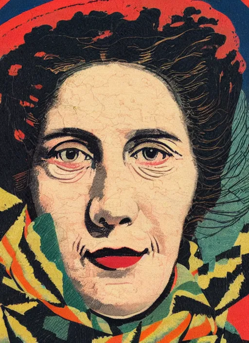 Image similar to an extreme close - up portrait of a factory woman dressed in various types of cloth patterns in a scenic representation of mother nature and the meaning of life by billy childish, thick visible brush strokes, shadowy landscape painting in the background by beal gifford, vintage postcard illustration, minimalist cover art by mitchell hooks