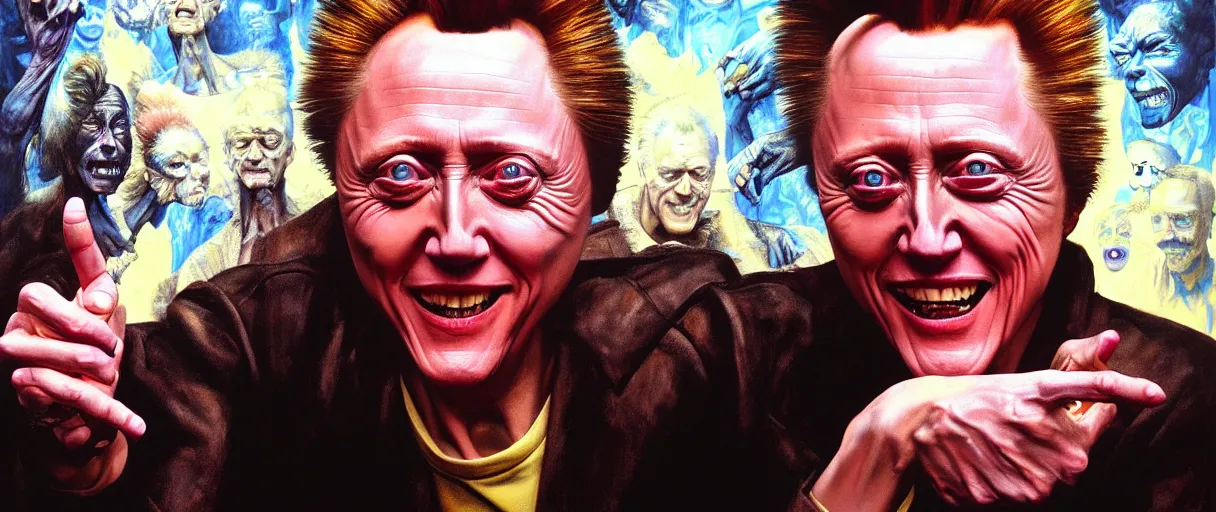 Image similar to hyperrealist painting of young christopher walken pointing and laughing at me concept art wayne barlowe hannah yata very dramatic lighting 8k wide angle shallow depth of field