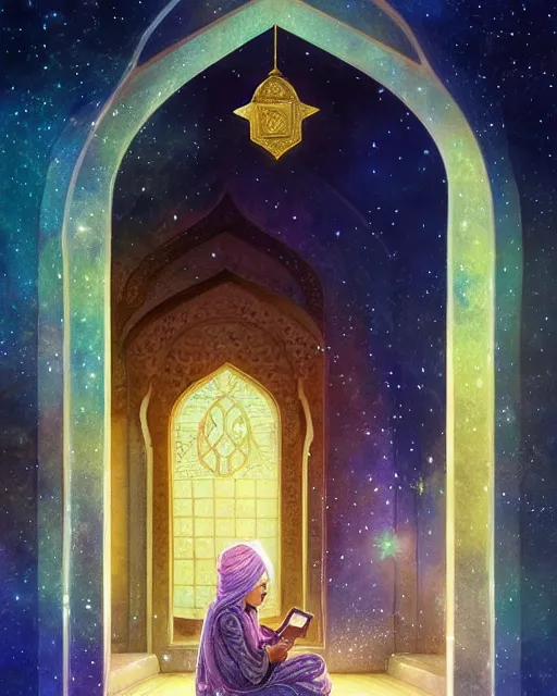 Image similar to bedouin child reading the quran inside of the mosque in the galaxy surrounded by nebula, highly detailed, gold filigree, romantic storybook fantasy, soft cinematic lighting, award, disney concept art watercolor illustration by mandy jurgens and alphonse mucha and alena aenami, pastel color palette, featured on artstation