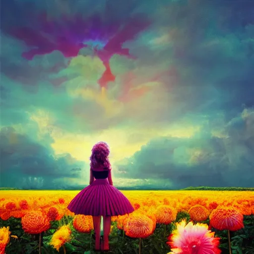 Image similar to giant dahlia flower head, full body girl standing in a flower field, surreal photography, sunrise, dramatic light, impressionist painting, colorful clouds, digital painting, artstation, simon stalenhag