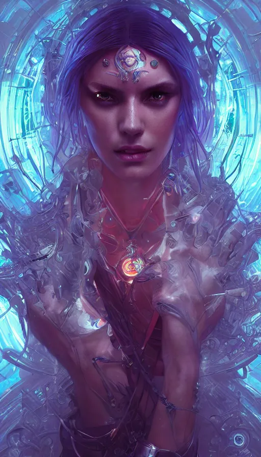 Image similar to cyberpunk angry gorgeous elven queen, neon, fibonacci, sweat drops, insane, intricate, highly detailed, digital painting, artstation, concept art, smooth, sharp focus, illustration, Unreal Engine 5, 8K, art by artgerm and greg rutkowski and alphonse mucha