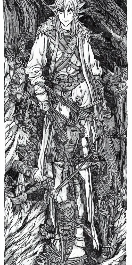 Image similar to an wood elf boy getting ready for an high fantasy adventure on the mountain side, anime style, tarot card, Tarot card the fool, intricate detail, fine line work