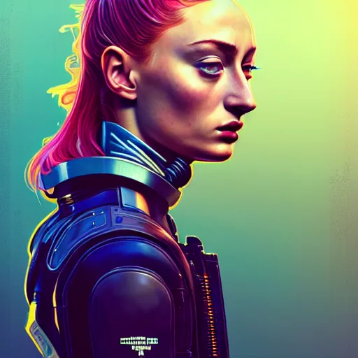 Image similar to high quality high detail portrait of a sophie turner as diesel punk character in an futuristic world, techwear, tristan eaton, victo ngai, artgerm, rhads, ross draws, hyperrealism, intricate detailed, alphonse mucha, pastel colors, vintage, artstation