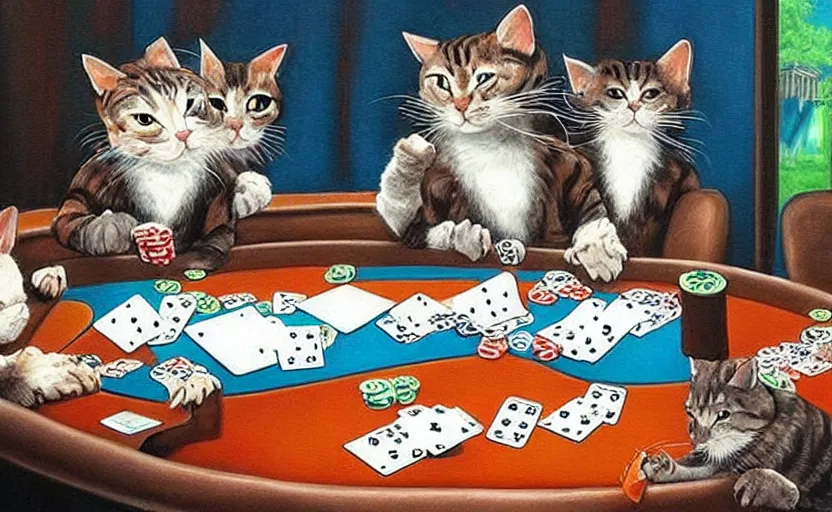 Image similar to funny cat playing poker, amazing artwork.