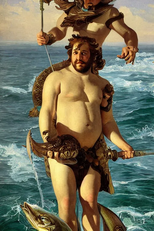 Prompt: High detailed painting of James Gandolfini as Neptune riding a giant fish by J. C. Leyendecker