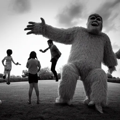 Image similar to cinematic photo of a 1 2 foot high big foot on a jumping castle with scared children, overcast, dark shadows