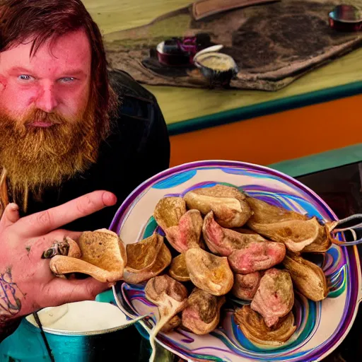 Image similar to rocky mountain oysters, psychedelic, cyberpunk, TV cooking show