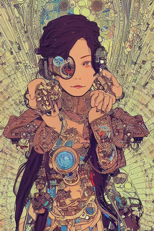 Image similar to beautiful cyborg portrait girl female illustration detailed patterns art of thai traditional dress, pop art, splash painting, art by geof darrow, ashley wood, alphonse mucha, makoto shinkai