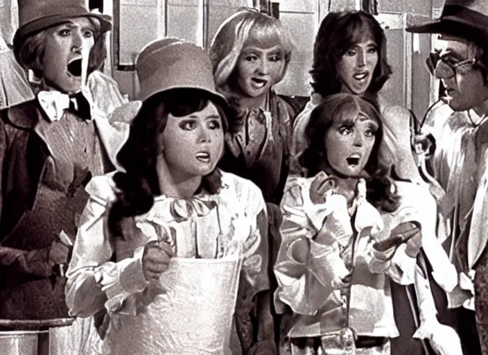 Prompt: a film still of katty perry's chocolate factory ( 1 9 7 3 )