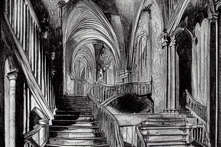 Image similar to inside the castle dracula, dark scene, light coming in from the left, staircase from hell | 2 angels on the right side | medium close | fibonacci composition, by bernie wrightson