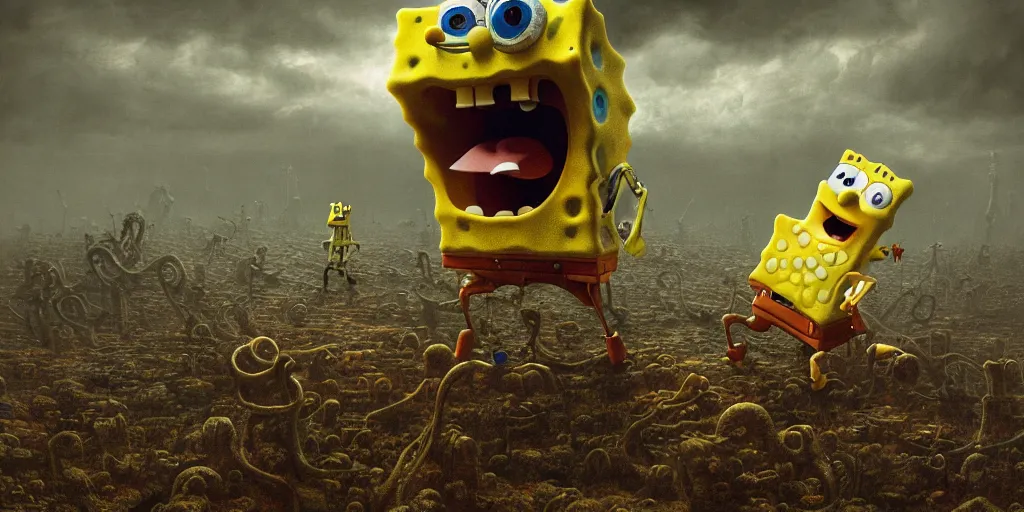 Image similar to spongebob drawn by beksinski, realistic 4 k octane beautifully detailed render, 4 k post - processing, highly detailed, intricate complexity, epic composition, magical atmosphere, cinematic lighting, masterpiece, ultra hd