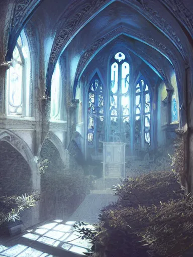 Image similar to interior of an overgrown church, blue color palette, concept art, detailed, intricate complexity, artstation