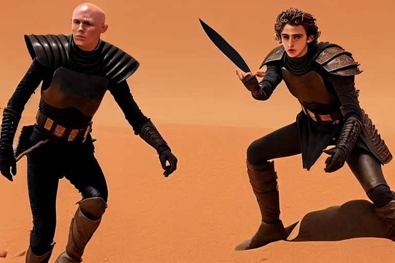 Prompt: a kindjal-knife-fight between bald_ominous_brooding_Austin_Butler_as_Feyd-Rautha_Harkonnen against Timothee_Chalamet_as_Paul_Atreides, in an arena fight-pit in movie Dune-2021, golden ratio, clear gaze, detailed eyes
