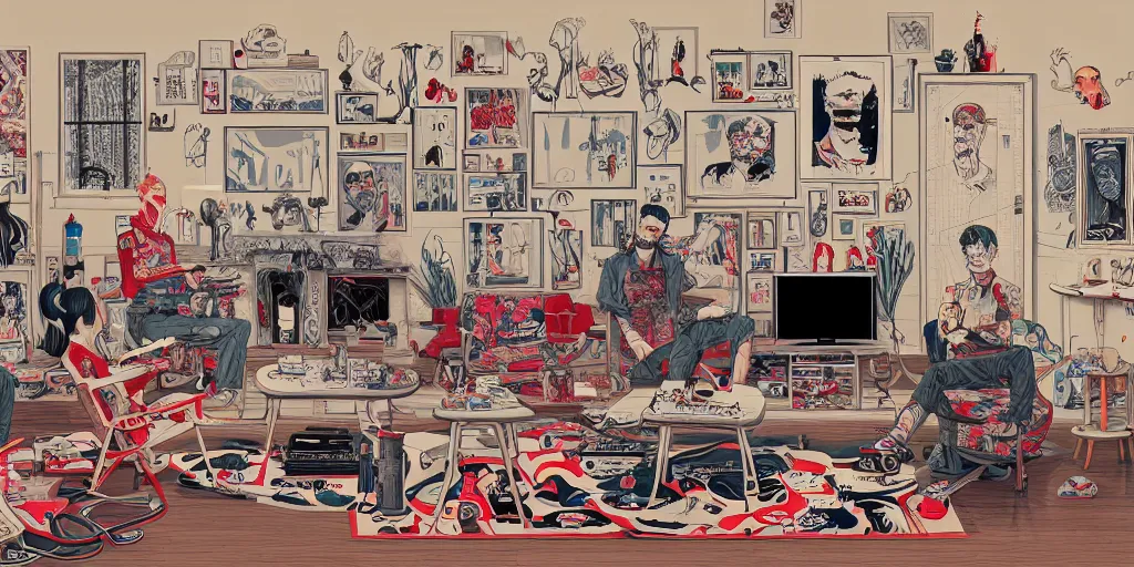 Prompt: a living room of a serial killer, realistic, extremely detailed, sharp focus, wide view, smooth, digital illustration, colorfull, by james jean, by rossdraws, frank franzzeta, mcbess, sakimichan, brosmin, danton fadeev, steve simpson