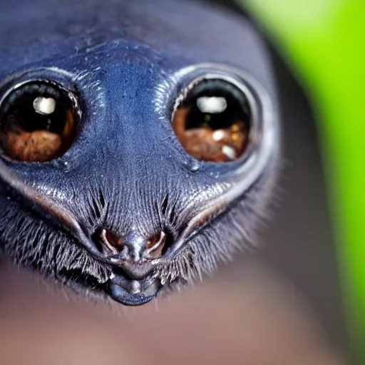 Prompt: close up of face of scary giant mutant navy-blue pygmy-bat 85mm f/1.4