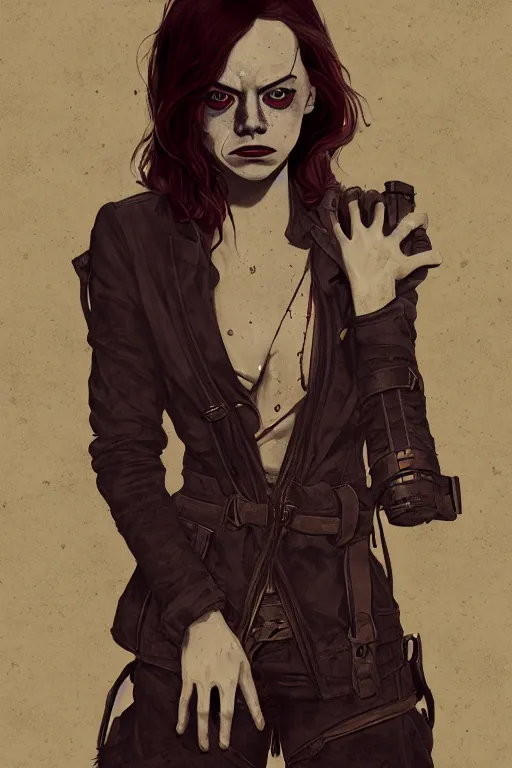 Prompt: emma stone in sleepy hollow, full body, big two toned eyes, teeth gritted, horror, intricate details, cinematic, epic, realistic, anatomy, tomer hanuka, uplight, artstation, photorealistic, scary