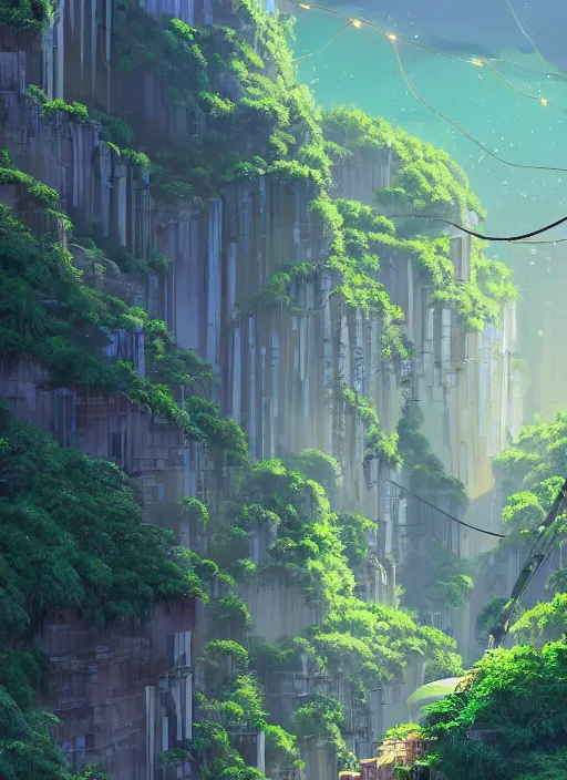 Prompt: city built on terraces in a gigantic canyon, lots of buildings connected by hanging bridges, waterfalls, glow coming from amber veins in the ground, lush vegetation, pitchblack sky, extremly detailed digital painting, in the style makoto shinkai and atey ghailan, rim light, beautiful lighting, 8 k, stunning scene, raytracing, octane, trending on artstation