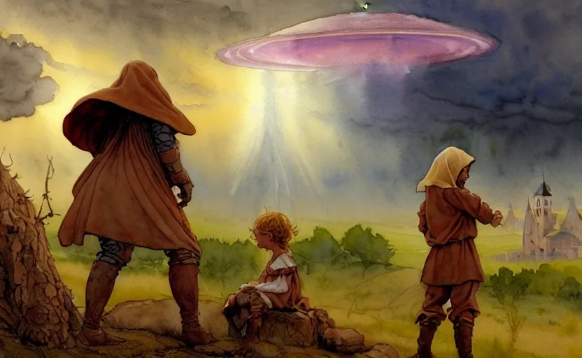 Image similar to a hyperrealist watercolor concept art of an elegant alien and a golden ufo in the sky above a small medieval town during a thunderstorm. a dirty medieval peasant child is in the foreground pointg up at the sky. very muted colors, by rebecca guay, michael kaluta, charles vess. high detail, hq, wide shot, 4 k