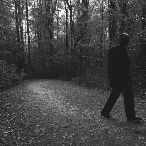 Prompt: old black man walking in woods at night, security camera footage, cctv, black and white,