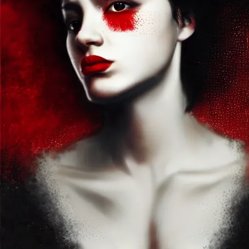 Prompt: masterpiece dynamic portrait of an aesthetic beautiful realistic black haired woman protesting, 3 0 years old woman, mid long hair, black eyed, small red peace symbol on the face, digital painting by wlop, atmospheric red effects, sparkles, artstation, deviantart, large view, red color scheme, revolution, motion blur, dark background