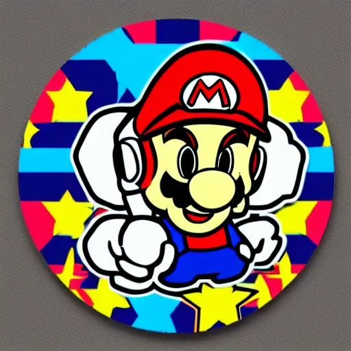 Image similar to svg sticker of a Pop-Wonder SuperMario, Mario-Wearing-a-red-hat, at a rave, spinning records, giant headphones rocking out, wearing headphones, huge speakers, dancing, rave, DJ, spinning records, digital art, amazing composition, rule-of-thirds, award-winning, trending on artstation, featured on deviantart