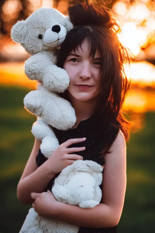 Image similar to canon, 30mm, bokeh, girl holding a teddy bear, snuggly, black hair, sunset, contrejour