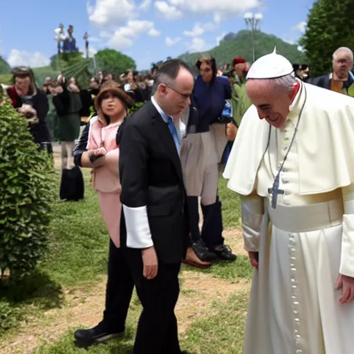 Image similar to pope francis visits animal crossing village with his popecar