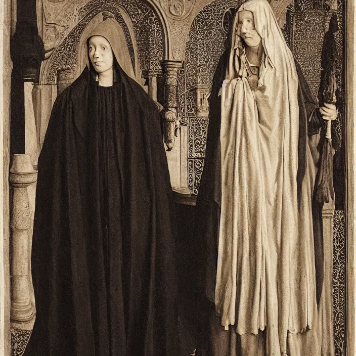 Image similar to a woman wearing a hooded cloak made of fire, standing next to a person wearing a black veil, by Jan van Eyck