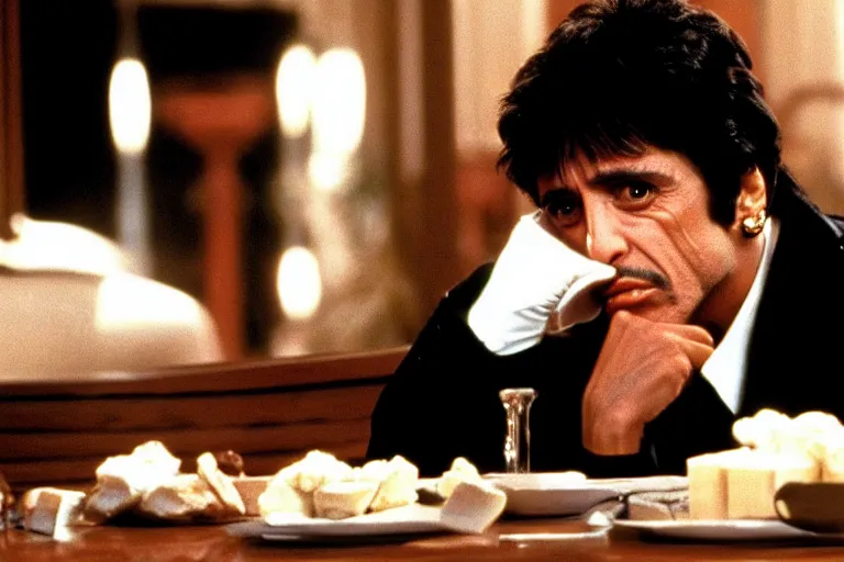 Prompt: tony montana from movie scarface 1 9 8 3 sitting behind a big black oak table with big large packages of flour. next to the night window. al pacino. perfect symmetric face, coherent eyes,, fine details, 4 k, ron cobb, cinestill