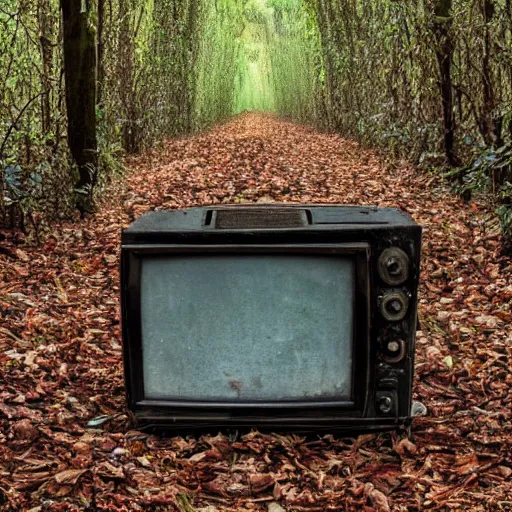 Image similar to a 1970's television abandoned in a forest, overgrown with vines, 4k, realistic