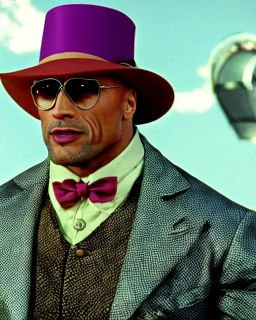 Image similar to Film still close-up shot of Dwayne Johnson as Willy Wonka from the movie Willy Wonka & The Chocolate Factory