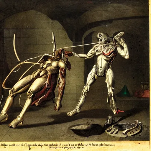 Prompt: a cyborg being impaled by a minotaur