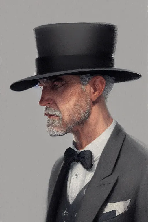 Image similar to a grey hair man with stubble top hat and suit by Greg Rutkowski, painting, portrait, high details, trending on artstation