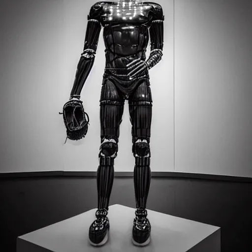 Prompt: “a realistic detailed photo of a guy who is an attractive humanoid who is half robot and half humanoid, who is a male android, baseball player Mike Trout, shiny skin, posing like a statue, blank stare, at a museum, on display”