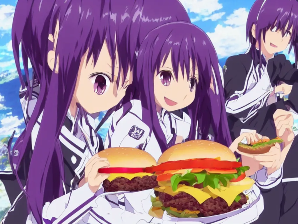 yuuki konno from sword art online eating a big burger, Stable Diffusion