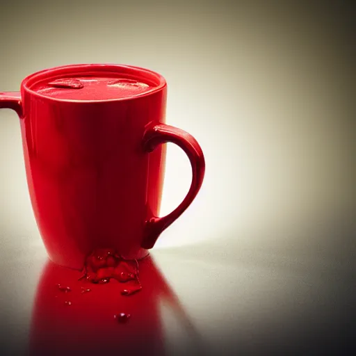 Image similar to photorealistic professional photography of a mug filled with red, opaque slime, taken in a professional studio.