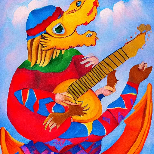 Image similar to russian dragon playing balalika guitar, childrens painting ,