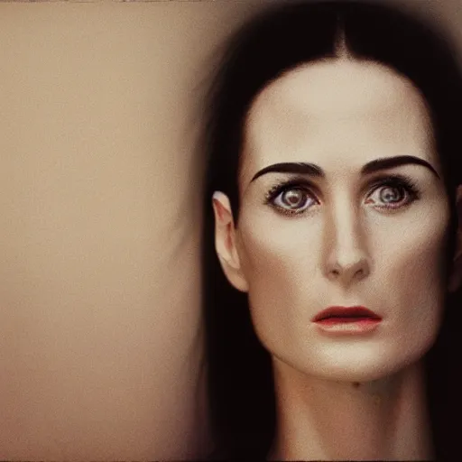 Image similar to realistic expired fuji film portrait of white albino demi moore, hyperrealism, photorealistic, detailed, atmospheric, 8 k, award winning photography, cinematic