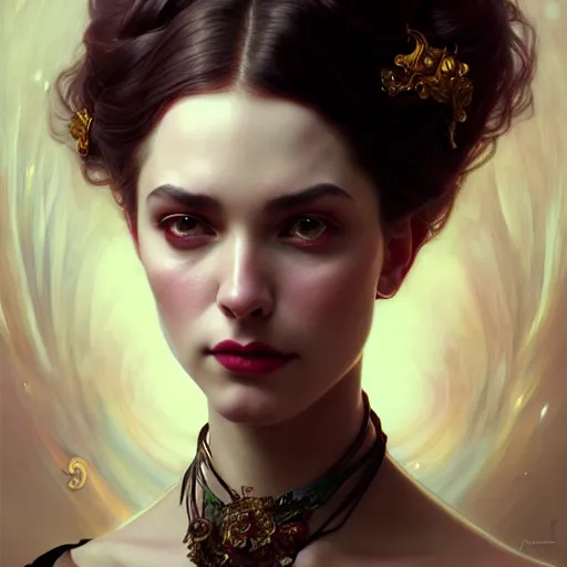 Prompt: portrait painting of an extremely fancy girl with a devious expression, gaslamp fantasy, victorian, ultra realistic, concept art, intricate details, eerie, highly detailed, photorealistic, octane render, 8 k, unreal engine. art by artgerm and greg rutkowski and charlie bowater and magali villeneuve and alphonse mucha