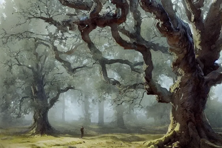 Prompt: watercolor painting of oak tree in foggy spring, cold morning, mythological art by hans gude, romance art by hans dahl, by jesper ejsing, art by anders zorn, wonderful masterpiece by greg rutkowski, cinematic light, american romanticism by greg manchess, creation by tyler edlin