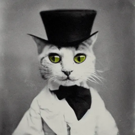 Prompt: portrait of a classy cat with a top hat, 1 8 9 0 vintage photo