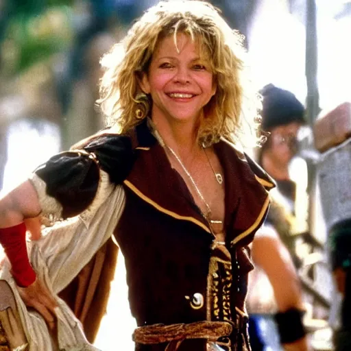 Prompt: Meg Ryan dressed as a pirate 🦜 with a wooden leg and a parrot on her shoulder and an eye patch on a pirate ship