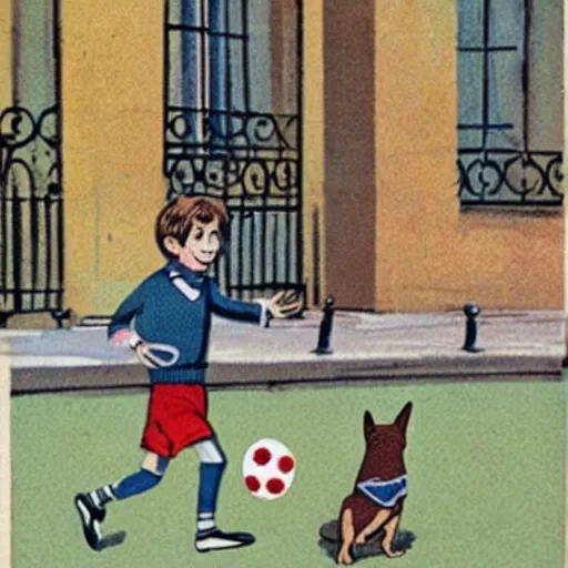 Image similar to book illustration of a french boy on the streets of paris playing football against a corgi, the dog is wearing a polka dot scarf, 1 9 6 6