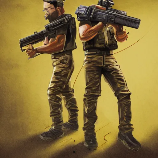 Image similar to a portrait of neighbours fighting with a machine guns digital concept art