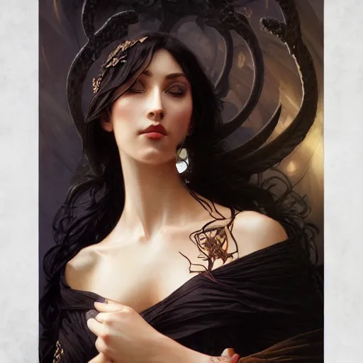 Image similar to portrait of dark goddess, intricate, elegant, highly detailed, digital painting, artstation, concept art, smooth, sharp focus, illustration, art by artgerm and greg rutkowski and alphonse mucha and william - adolphe bouguereau