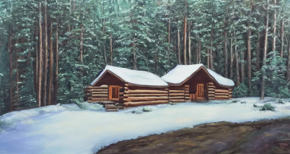 Prompt: one log cabin in the thick forest, beautiful painting, oil on canvas, by Ewa Czarniecka, award winning masterpiece,